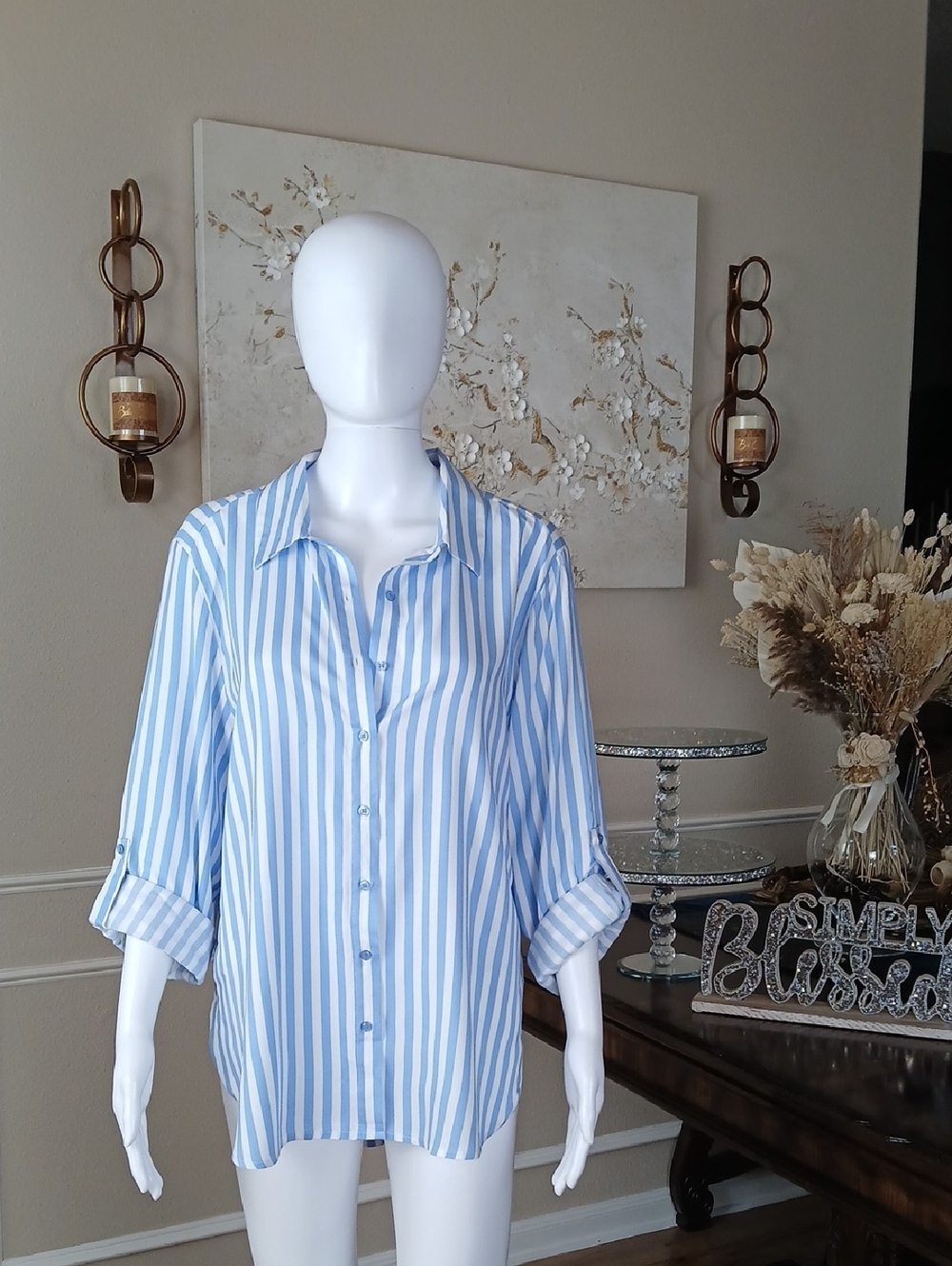 Women's Light Blue & White Summer Vertical Stripe Button-Up Blouse Medium